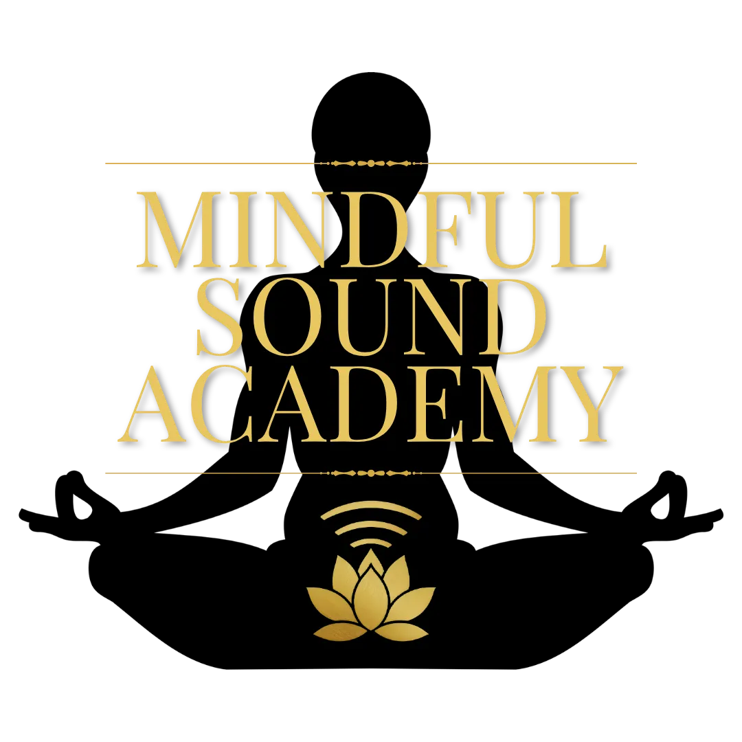 Mindful Sound Academy logo with lotus flower and serene meditation music background