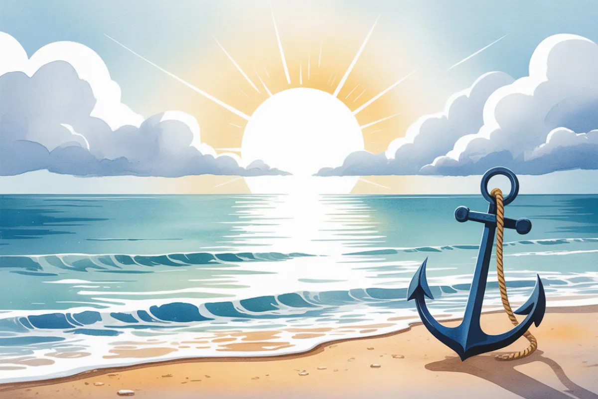 Calm watercolor-style illustration of an ocean horizon with a gentle anchor resting on the shore, symbolizing peace, clarity, and grounding.