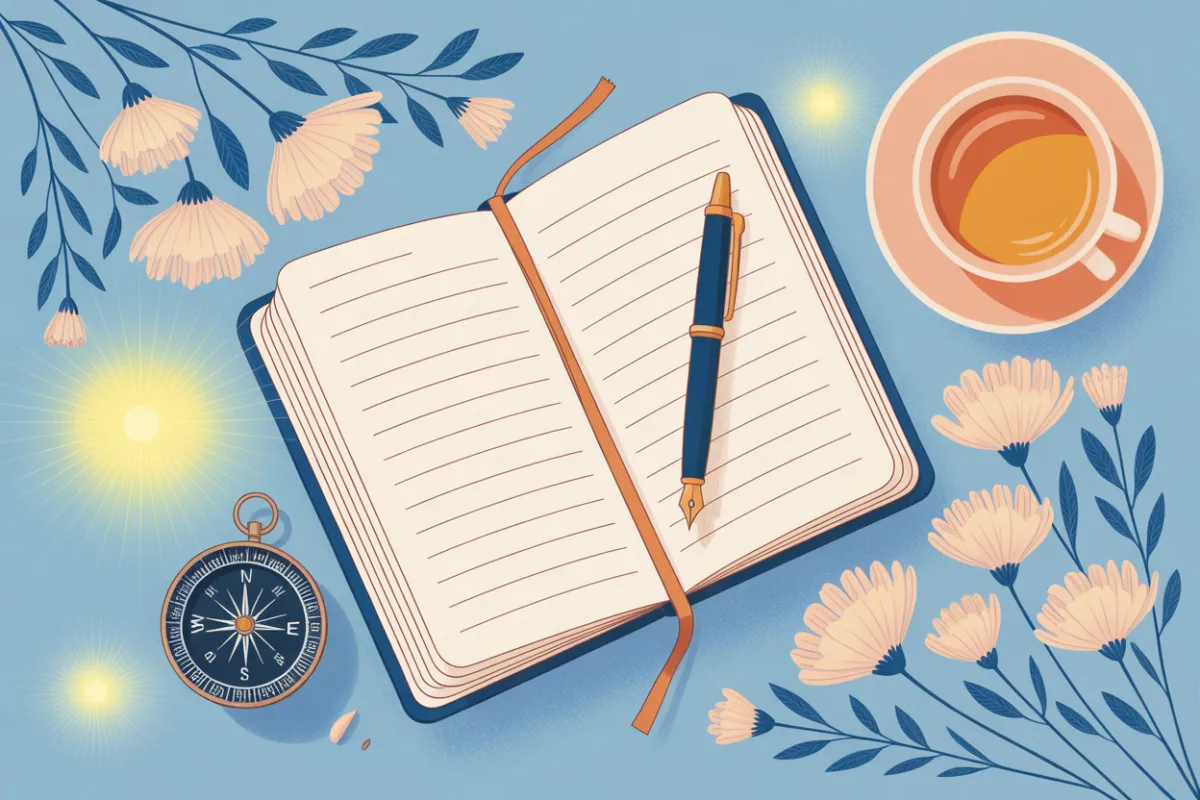 Flat lay illustration of an open journal with a pen, compass, flowers, and tea, symbolizing self-reflection, growth, and personal discovery.