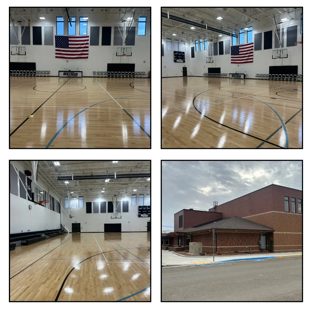 Wide-angle view of the new Medora basketball training facility, featuring polished hardwood courts, modern lighting, and IPT branding banners. The space is empty, emphasizing the premium, professional environment.