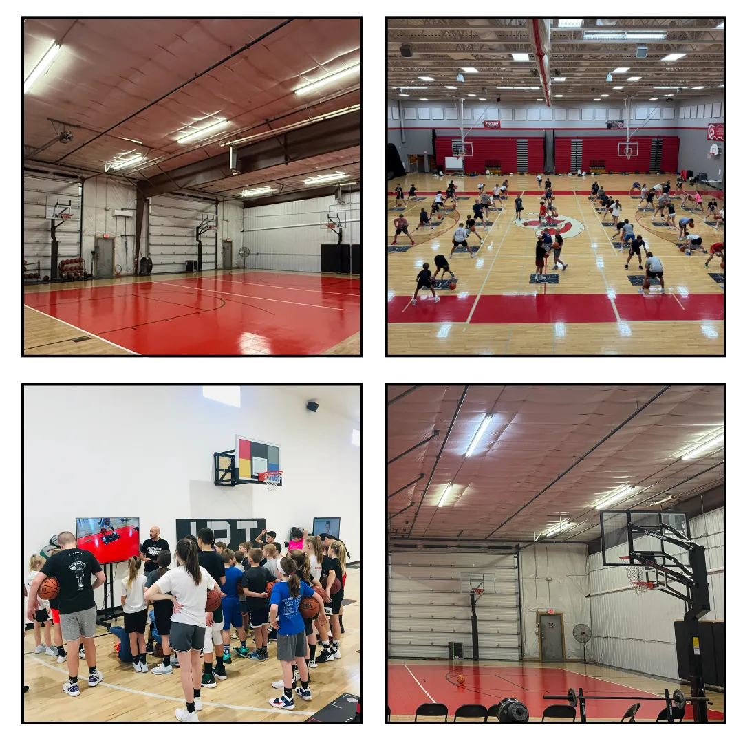 Wide-angle view of the new Medora basketball training facility, featuring polished hardwood courts, modern lighting, and IPT branding banners. The space is empty, emphasizing the premium, professional environment.