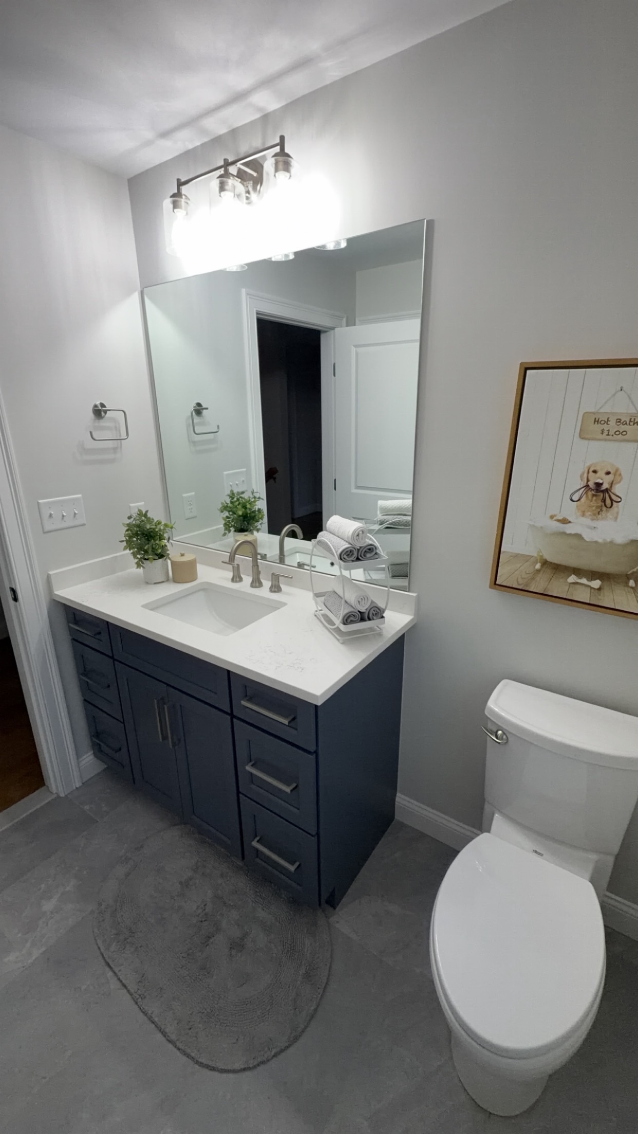 Remodeled bathroom with navy vanity, quartz countertop, and undermount sink plumbed by MJC Plumbing