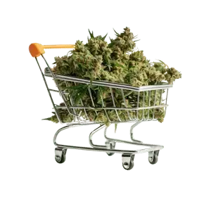 Mini shopping cart filled with cannabis flower buds, symbolizing marijuana retail and dispensary shopping.