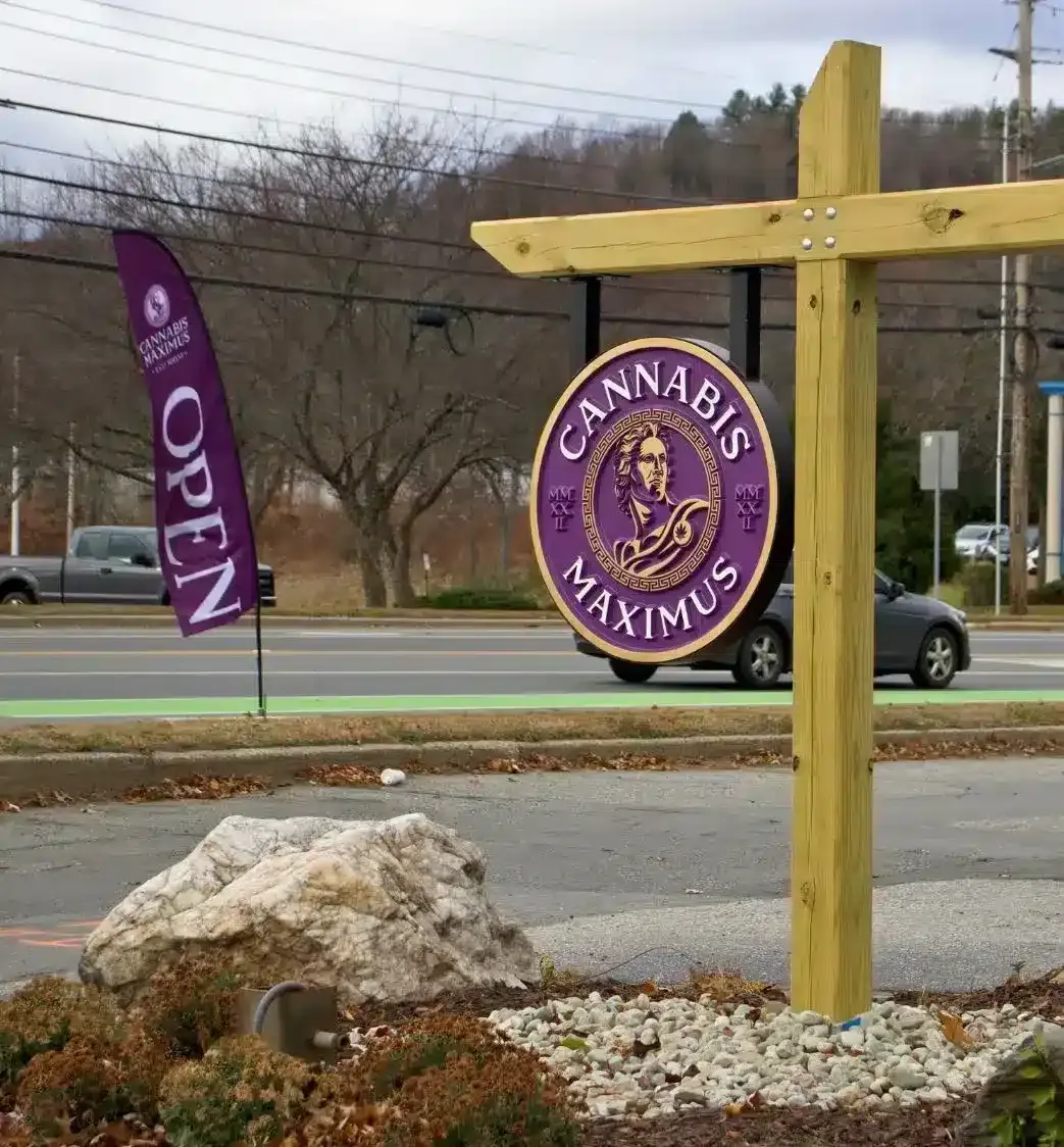 Cannabis Maximus exterior sign welcoming customers near Keene NH cannabis dispensary