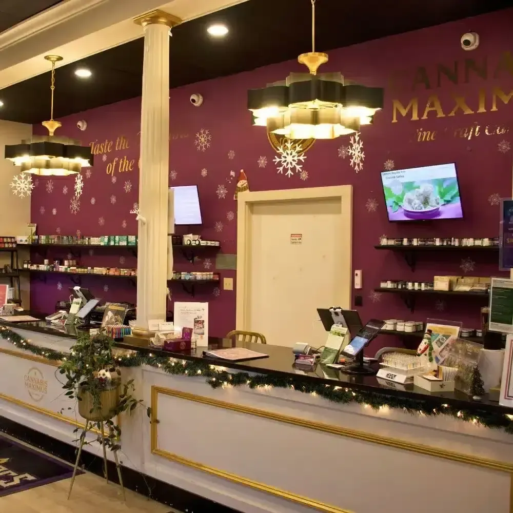 Inside Cannabis Maximus dispensary in Brattleboro, VT showing front counter and product displays