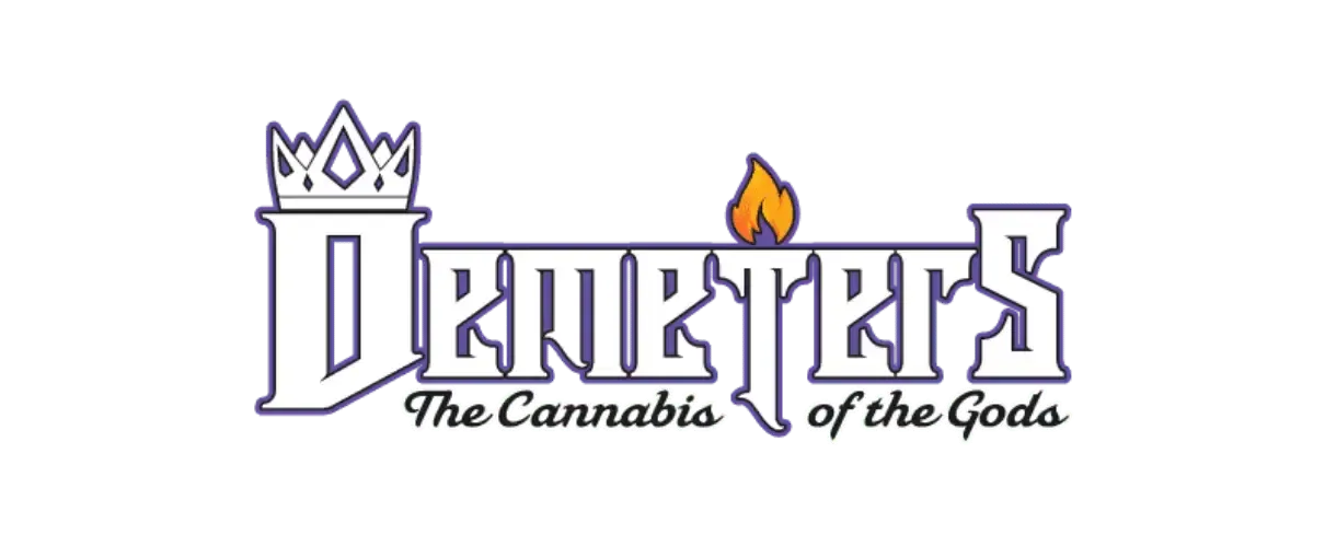 Official logo of Demeters Cannabis featuring a crown-topped letter D and a flame accent, with the tagline “The Cannabis of the Gods.”
