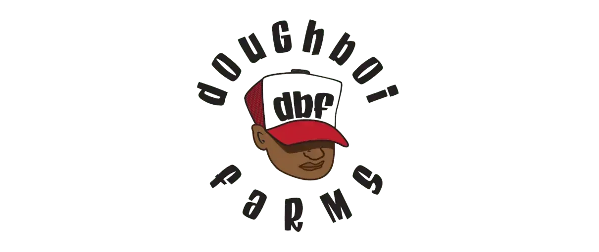 Doughboi Farms cannabis brand logo featuring a stylized face wearing a red cap with “dbf” lettering, surrounded by curved text spelling Doughboi Farms.