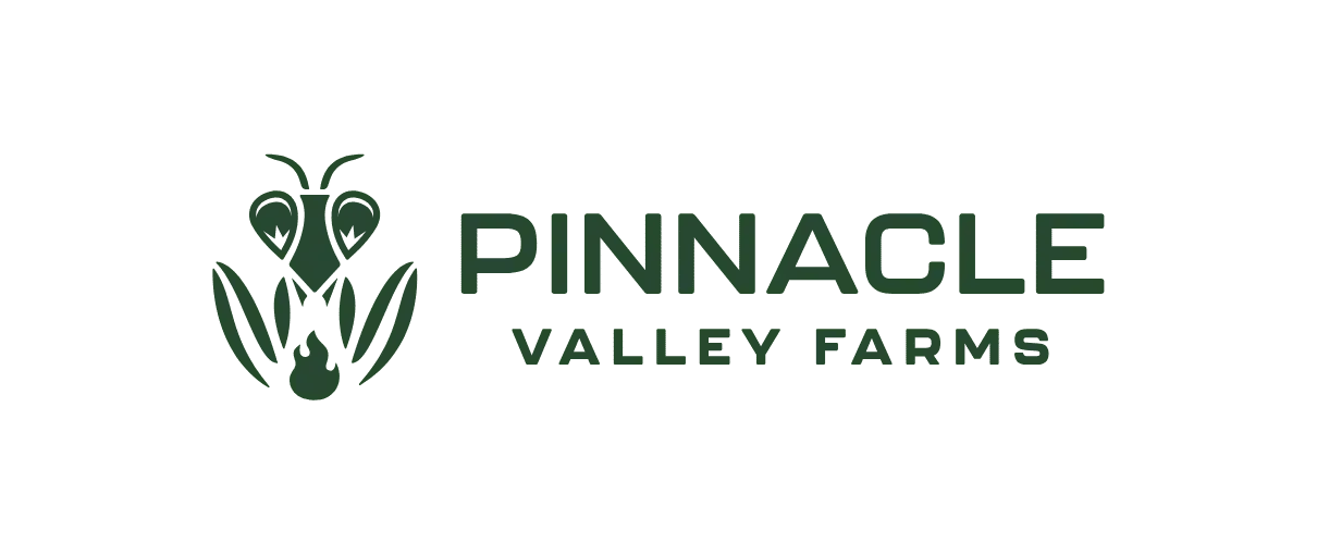 Pinnacle Valley Farms logo featuring a stylized praying mantis, with bold text “Pinnacle Valley Farms,” representing Vermont-grown small batch cannabis flower, pre-rolls, and more.