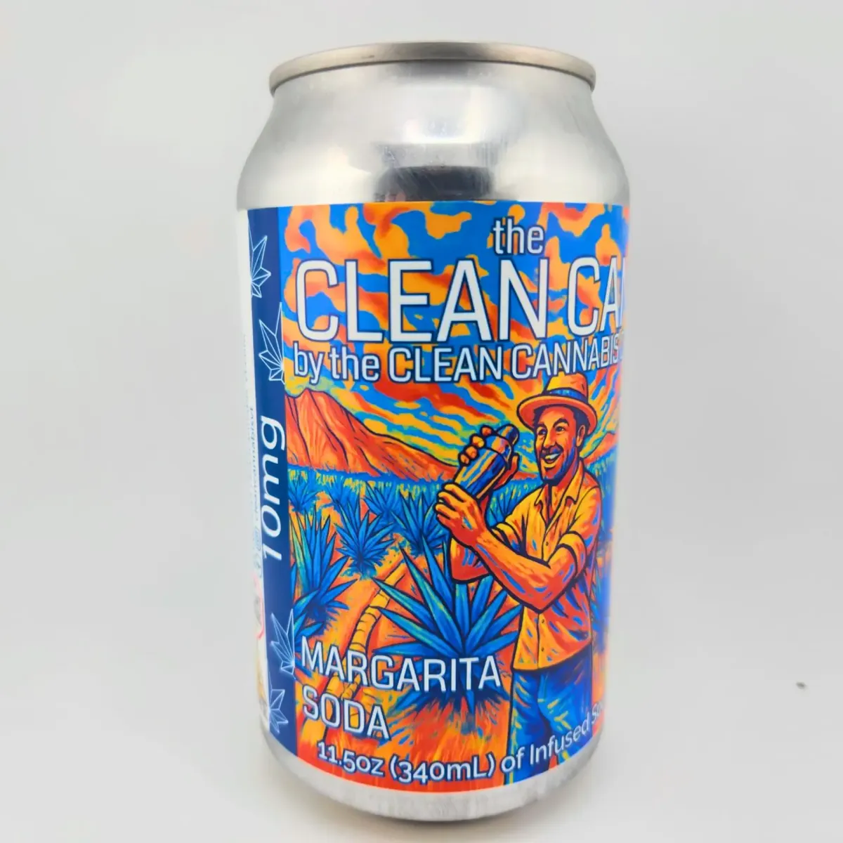Clean Cannabis Co. “The Clean Can” margarita soda can with colorful illustrated label showing a man shaking a cocktail against a vibrant background