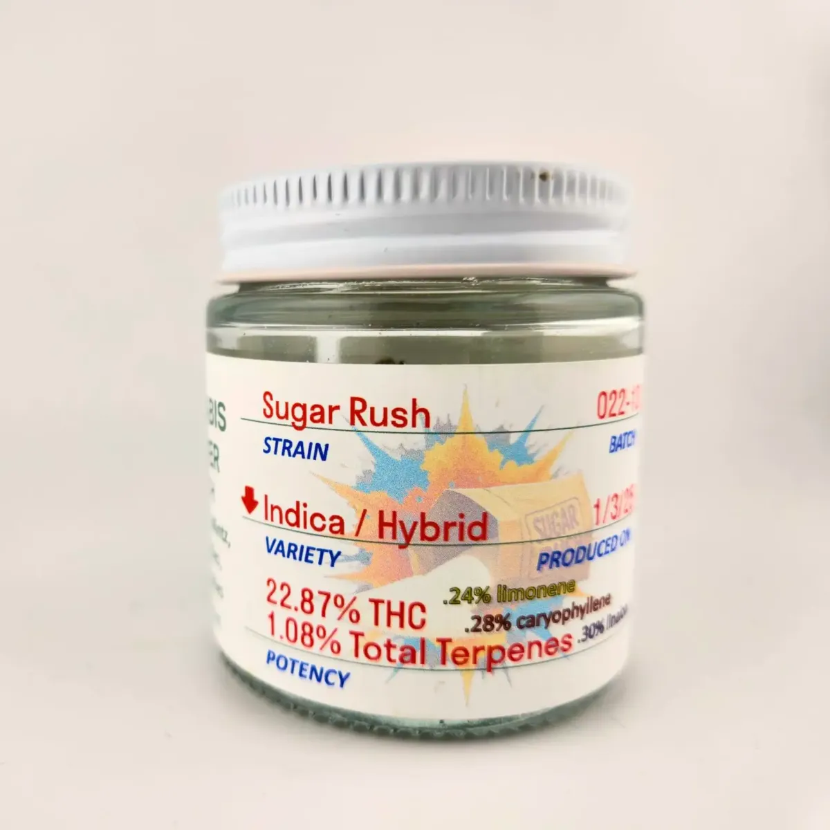 Jar of cannabis labeled “Sugar Rush” strain, Indica/Hybrid variety, showing 22.87% THC and 1.08% total terpenes with detailed cannabinoid and terpene profile