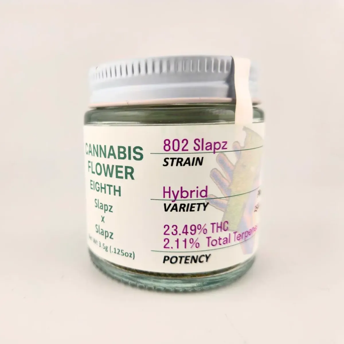 Jar of cannabis labeled “802 Slapz” strain, Hybrid variety, showing 23.49% THC and 2.11% total terpenes on product label