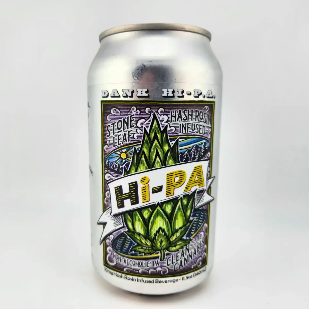 Can of Hi-PA non-alcoholic IPA, a hash rosin–infused cannabis beverage by Clean Cannabis, with illustrated green hop artwork on the label