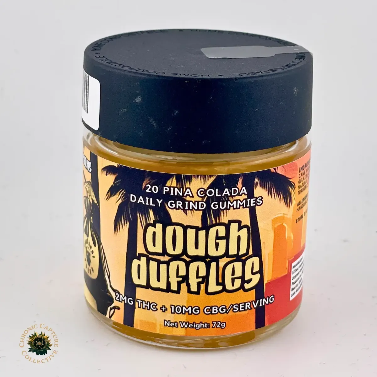 Jar of Dough Duffles Daily Grind cannabis edibles labeled “20 Piña Colada Gummies,” with 2mg THC and 10mg CBG per serving, featuring palm tree design on packaging