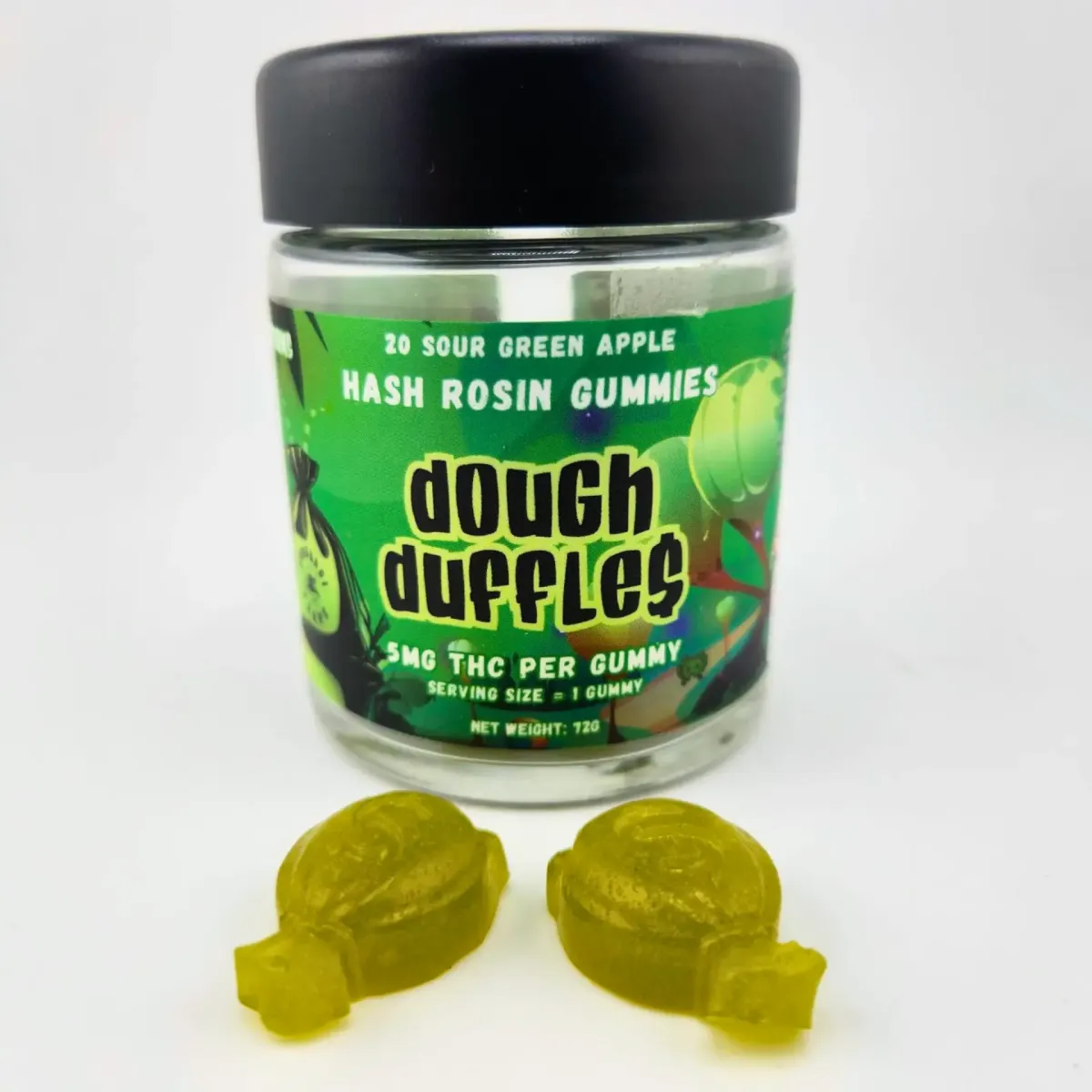 Jar of Dough Duffles hash rosin cannabis edibles labeled “Sour Green Apple Gummies,” 5mg THC per gummy, with two green gummies displayed in front