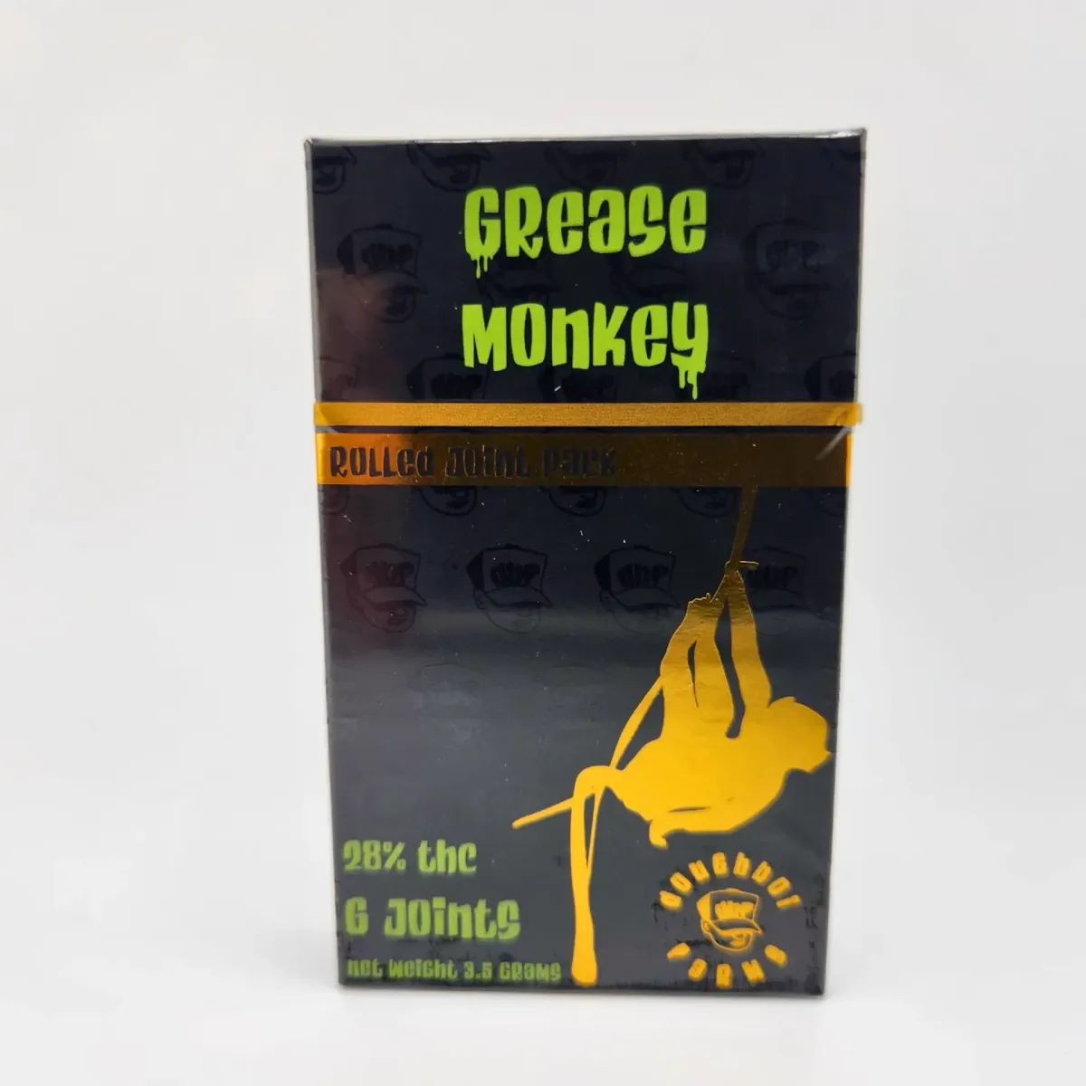Doughboi Farms Grease Monkey pre-roll pack containing six joints, labeled 28% THC, with black packaging and gold monkey graphic