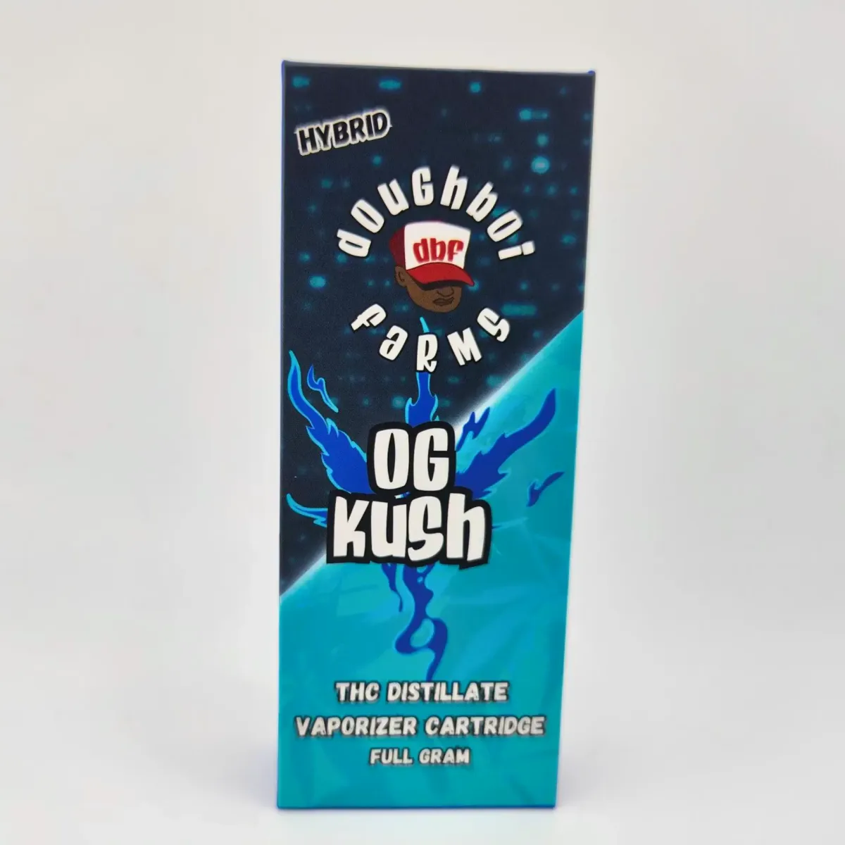 Doughboi Farms OG Kush THC distillate vape cartridge packaging, hybrid strain, labeled “Full Gram Vaporizer Cartridge” with blue design
