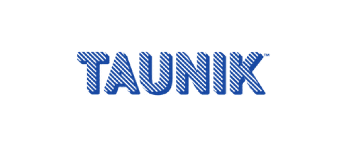 Taunik logo with bold blue block lettering on a transparent background.