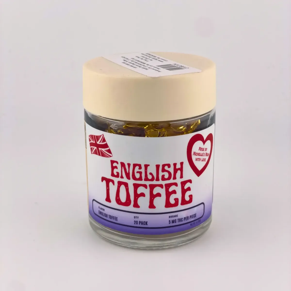 Jar of English Toffee cannabis edibles, 20-pack with 5mg THC per piece, labeled with red heart and Union Jack design on packaging