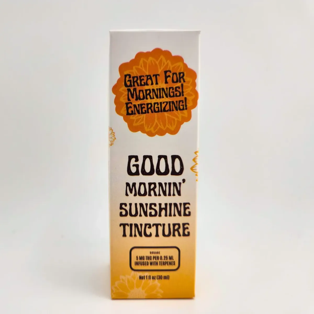 Box of Good Mornin’ Sunshine cannabis tincture, labeled “Great for Mornings! Energizing!” with 5mg THC per 0.25ml serving infused with terpenes