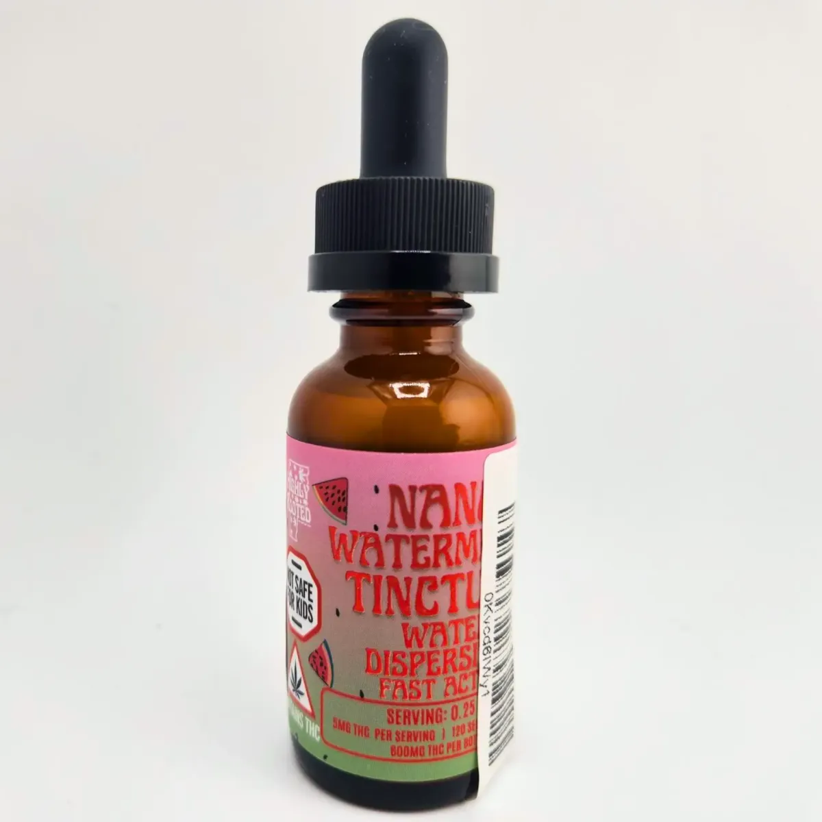 Bottle of Nana Watermelon cannabis tincture, labeled “Water Dispersible Fast Acting” with 5mg THC per serving and 600mg THC per bottle