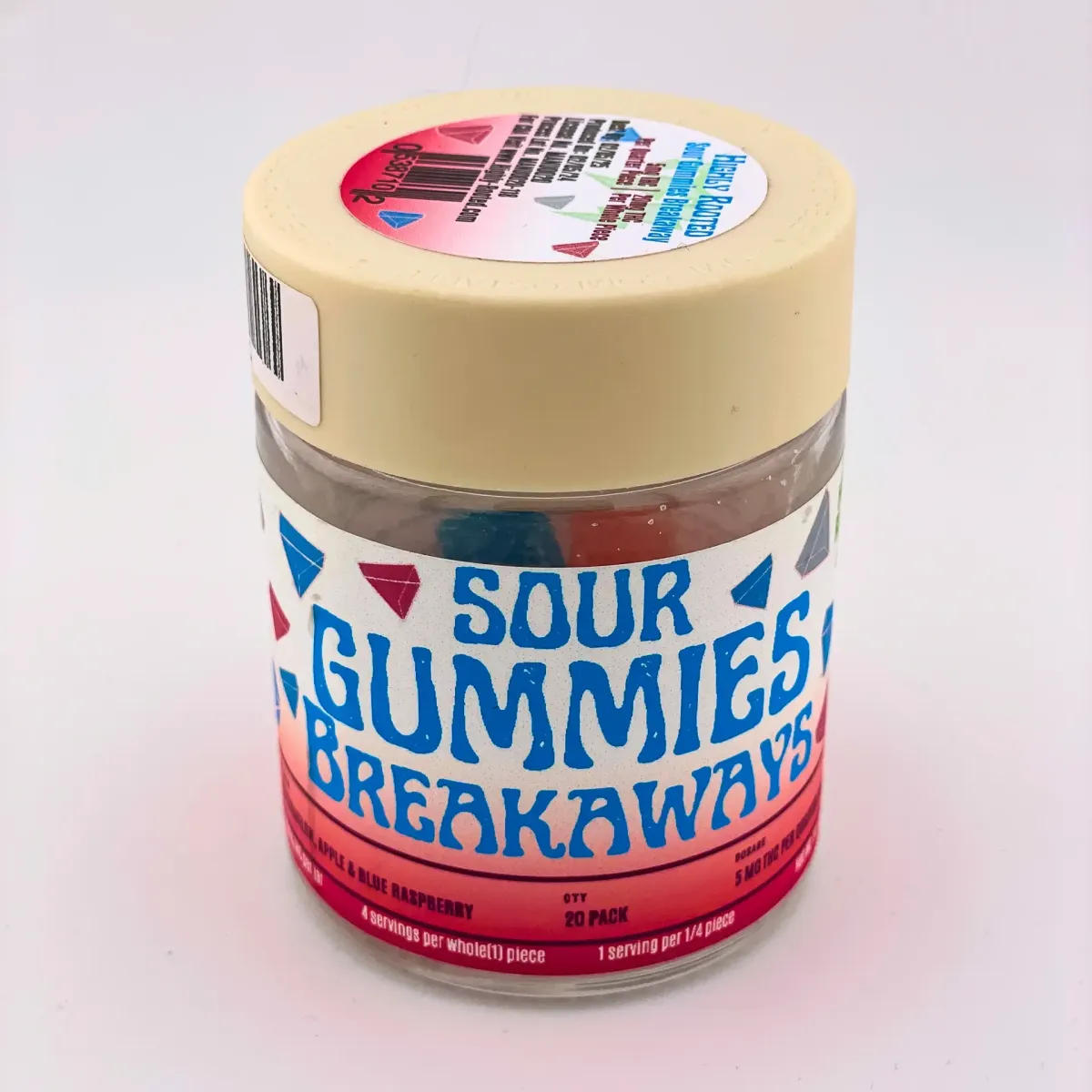 Jar of Sour Gummies Breakaways cannabis edibles, 20-pack with 5mg THC per serving, labeled with colorful geometric design
