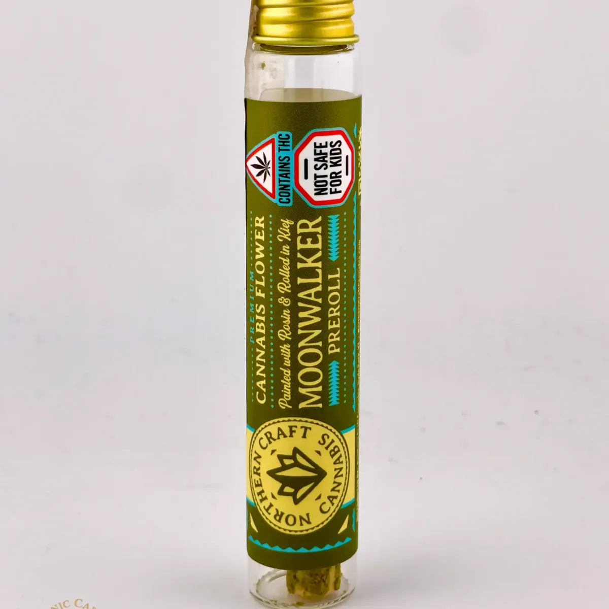 Northern Craft Cannabis Moonwalker cannabis pre-roll in a branded glass tube with green and gold label and safety warnings