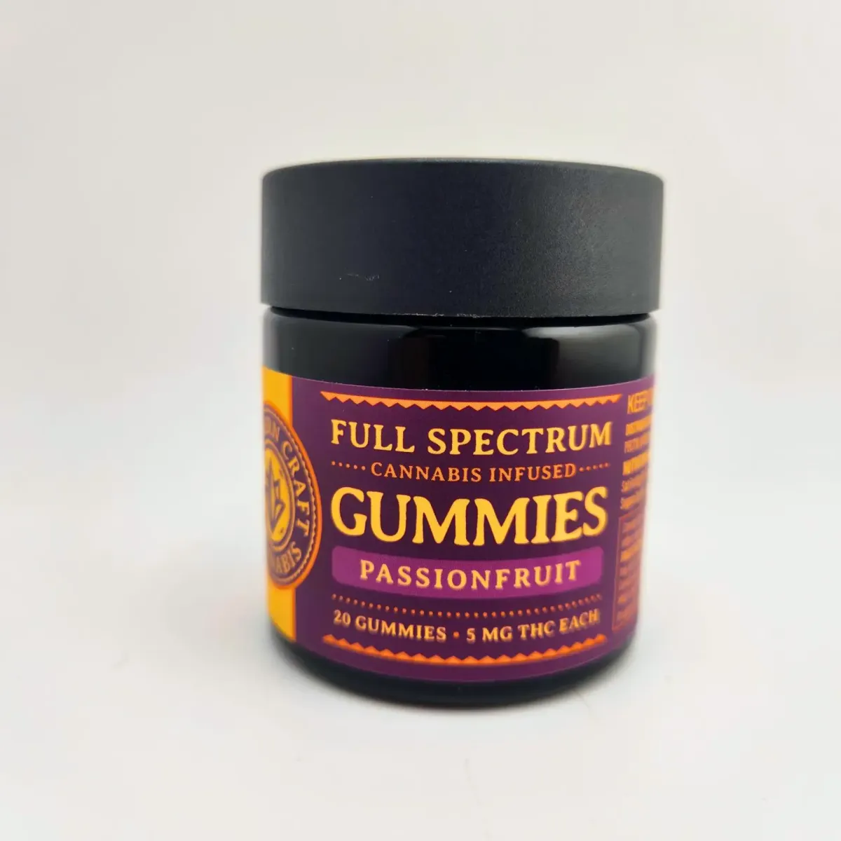 Jar of Northern Craft Cannabis full spectrum cannabis edibles, passionfruit gummies, 20-pack with 5mg THC each
