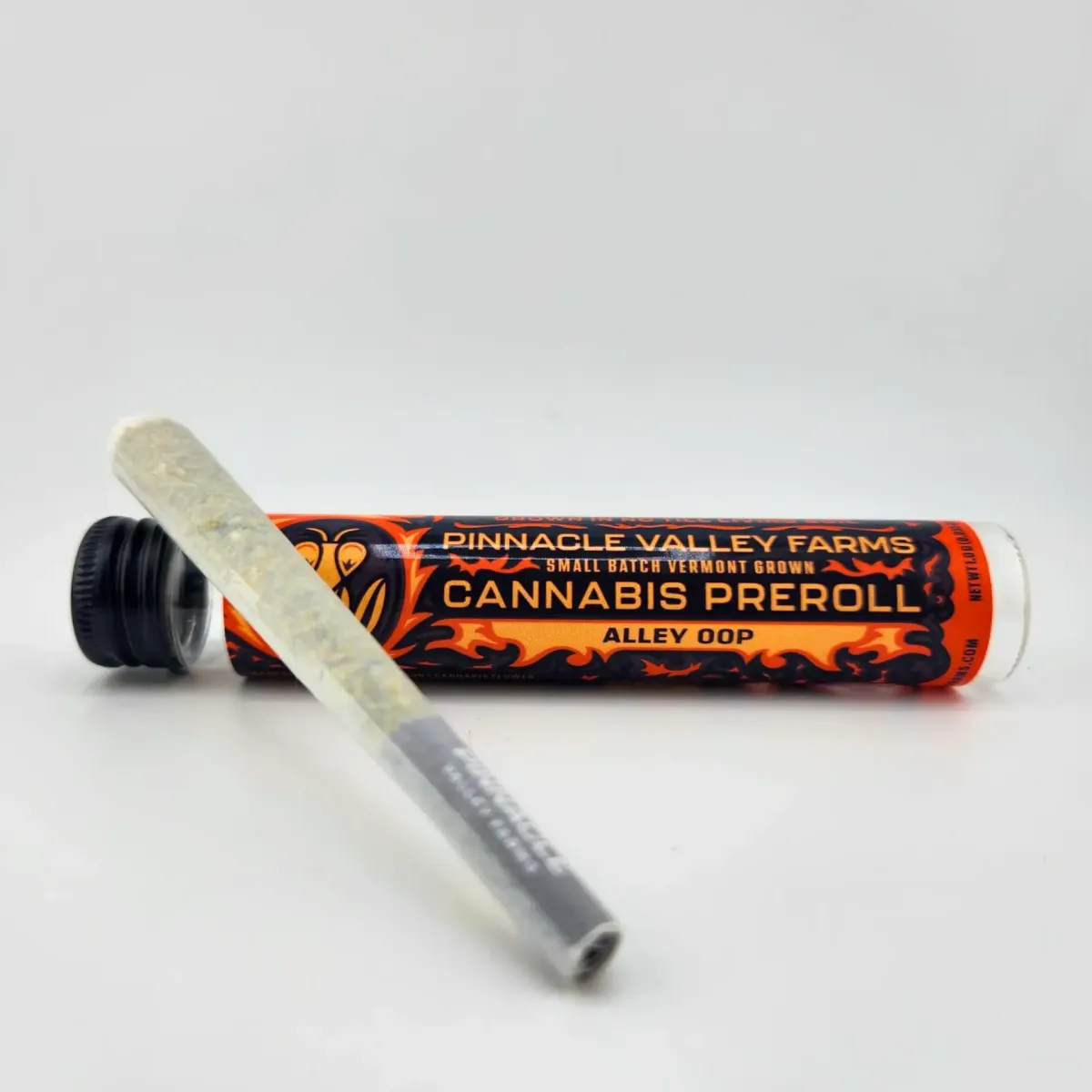 Pinnacle Valley Farms Alley Oop cannabis pre-roll with branded orange and black tube labeled small batch Vermont grown
