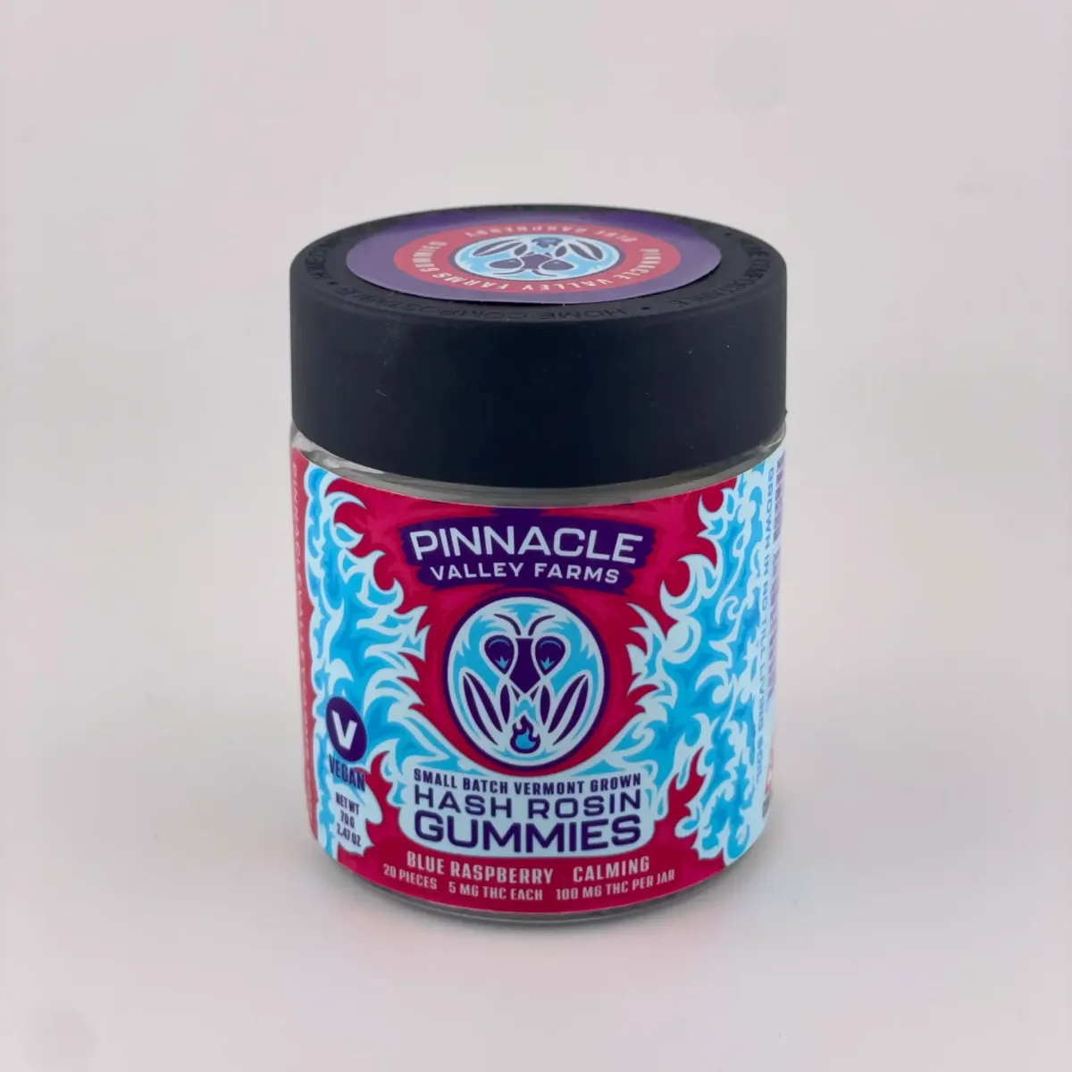 Pinnacle Valley Farms hash rosin cannabis edibles, blue raspberry calming gummies, 20-pack with 5mg THC each, labeled small batch Vermont grown