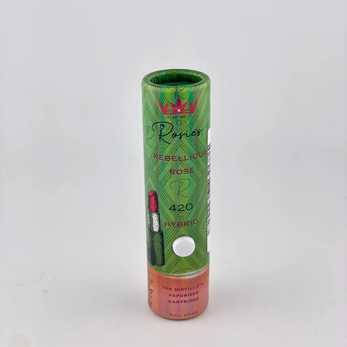 Rosie’s Rebellious Rose cannabis vape cartridge packaging, hybrid strain, labeled THC distillate full gram