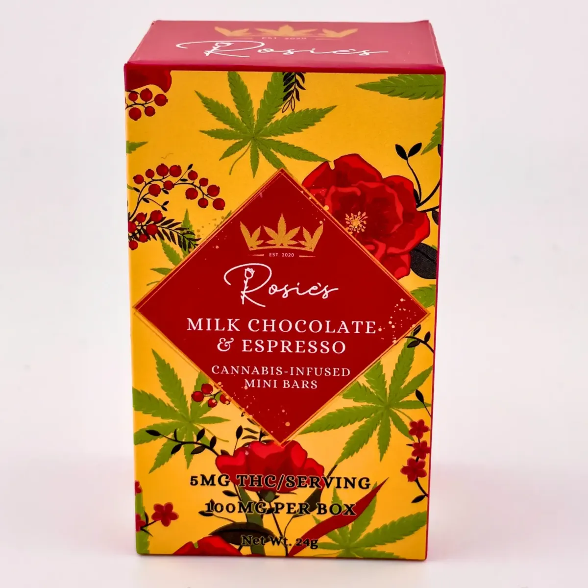 Rosie’s Milk Chocolate & Espresso cannabis edibles, cannabis-infused mini bars with 5mg THC per serving and 100mg THC per box in floral yellow packaging