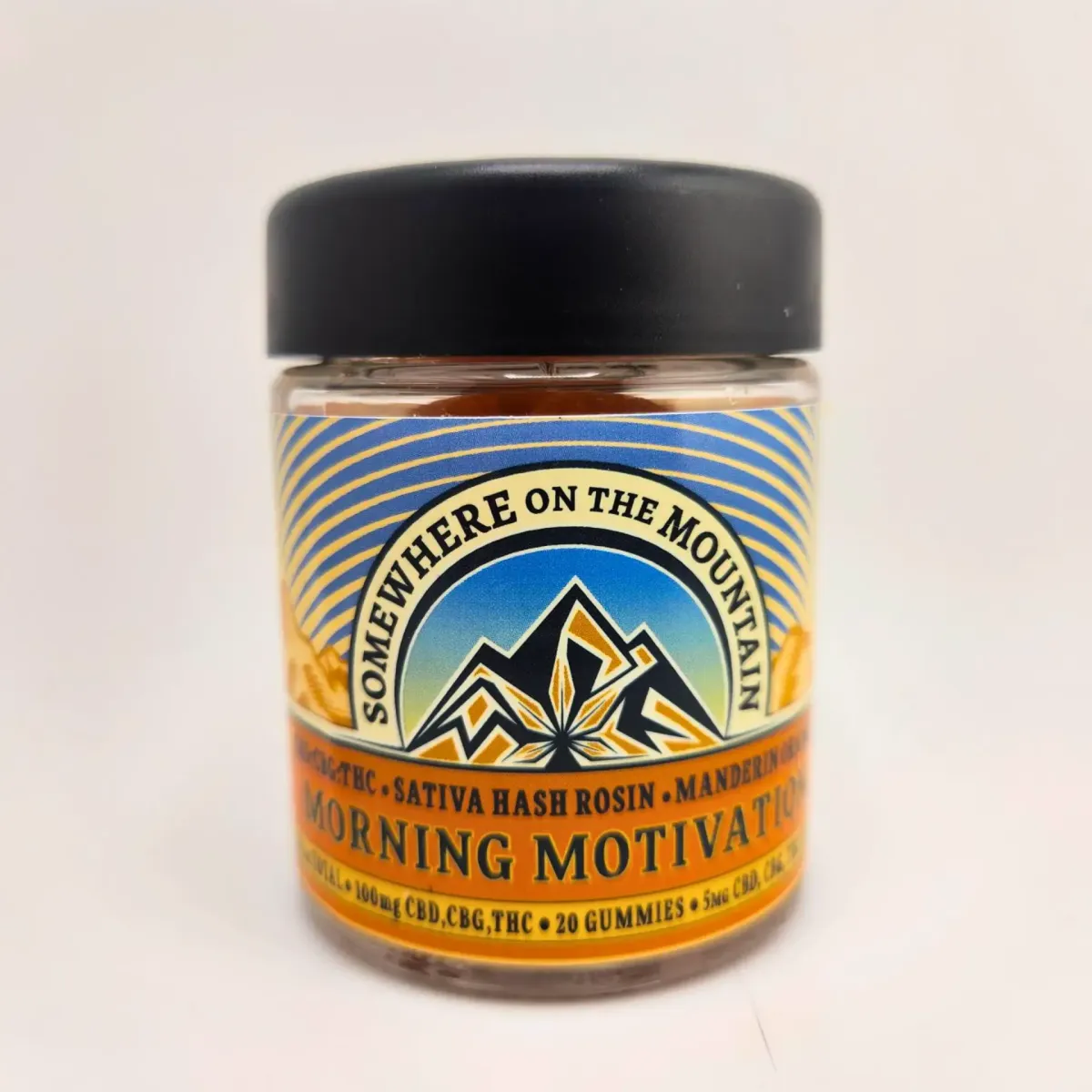 Somewhere on the Mountain Morning Motivation cannabis edibles, mandarin orange sativa hash rosin gummies with 5mg CBD, CBG, and THC per piece, 20 gummies per jar