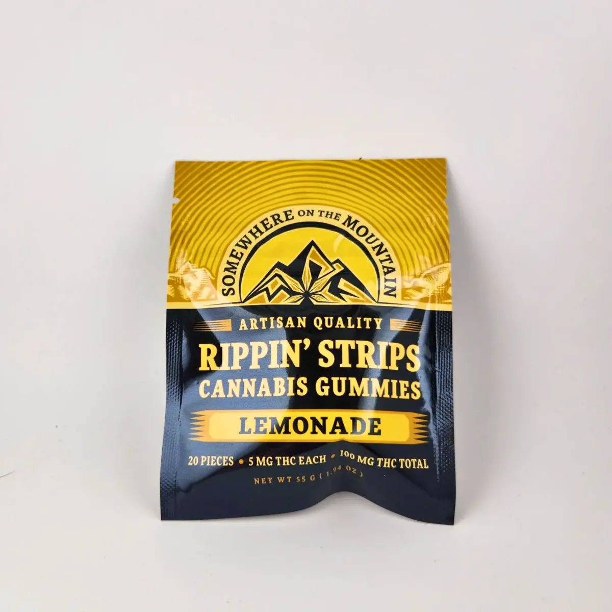 Somewhere on the Mountain Rippin’ Strips cannabis gummies, lemonade flavor, 20-piece pack with 5mg THC each and 100mg THC total