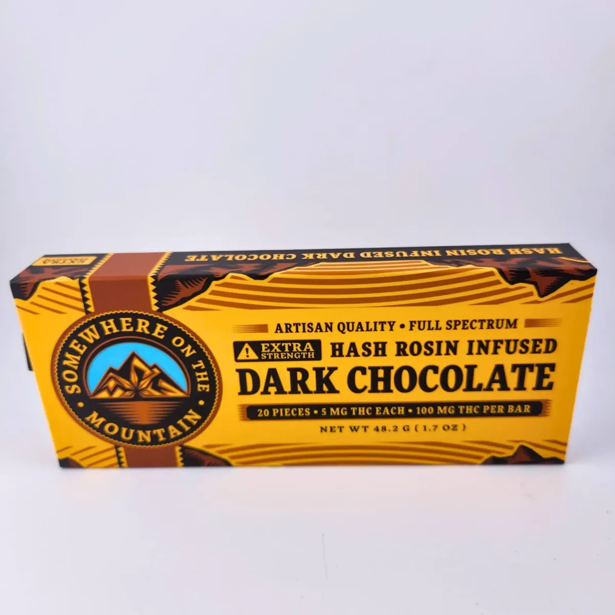 Somewhere on the Mountain cannabis edible, artisan-quality dark chocolate bar infused with full-spectrum hash rosin, labeled as extra strength with 20 pieces at 5mg THC each (100mg total THC).