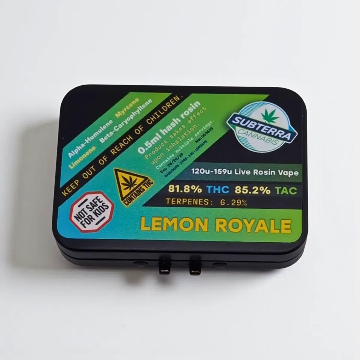 Subterra Cannabis vape cartridge packaging for Lemon Royale, a 0.5ml live rosin cannabis vape with 81.8% THC, 85.2% TAC, and 6.29% terpenes.