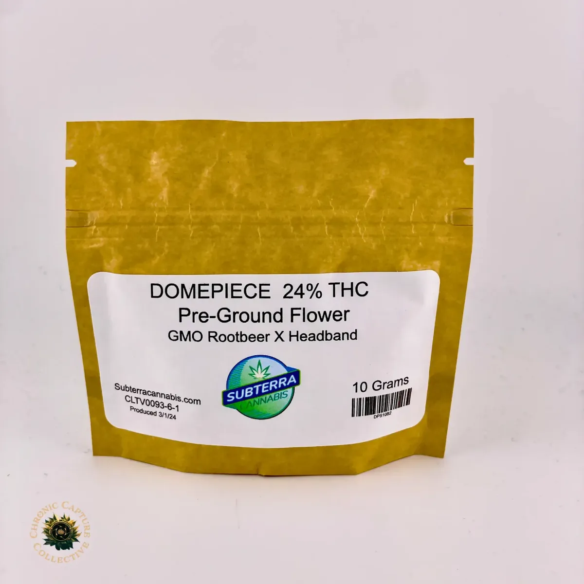 Subterra Cannabis Domepiece pre-ground cannabis flower, 10-gram pouch, GMO Rootbeer x Headband strain with 24% THC.