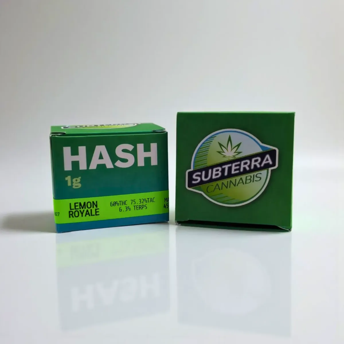 Subterra Cannabis hash concentrate packaging, Lemon Royale strain, 1 gram, 68% THC with 6.3% terpenes.