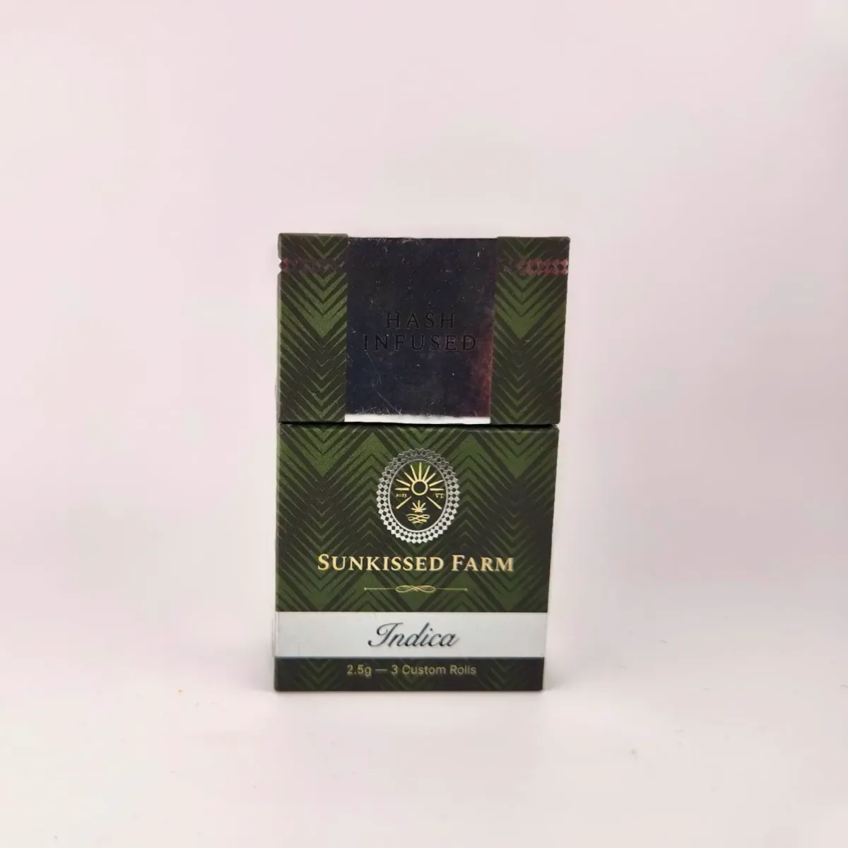 Sunkissed Farm Indica hash-infused cannabis prerolls, 2.5g pack containing 3 custom rolls.