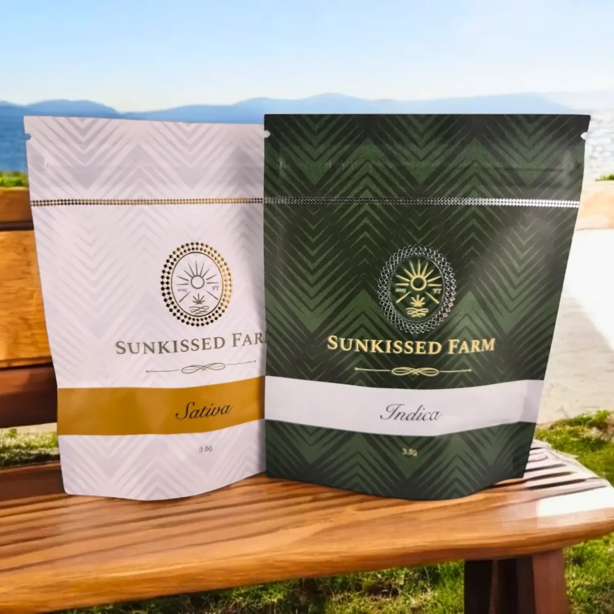 Sunkissed Farm cannabis flower pouches, 3.5g Sativa and Indica strains, displayed outdoors with scenic background.