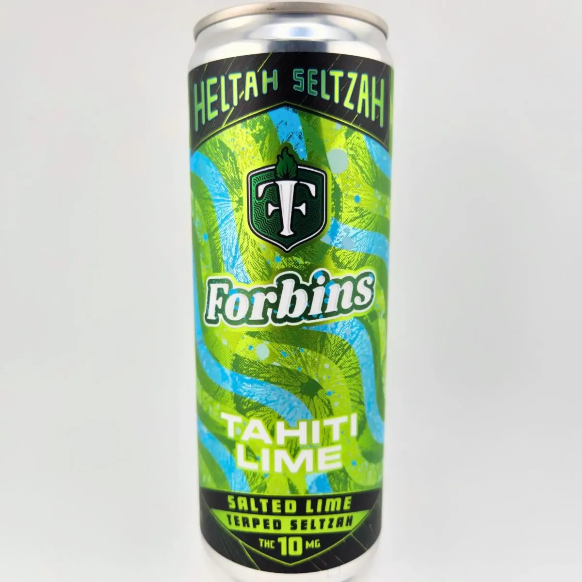 Heltah Seltzah Forbins Tahiti Lime cannabis beverage, salted lime terpene-infused THC seltzer with 10mg THC, packaged in a tall green and blue can with bold graphics.
