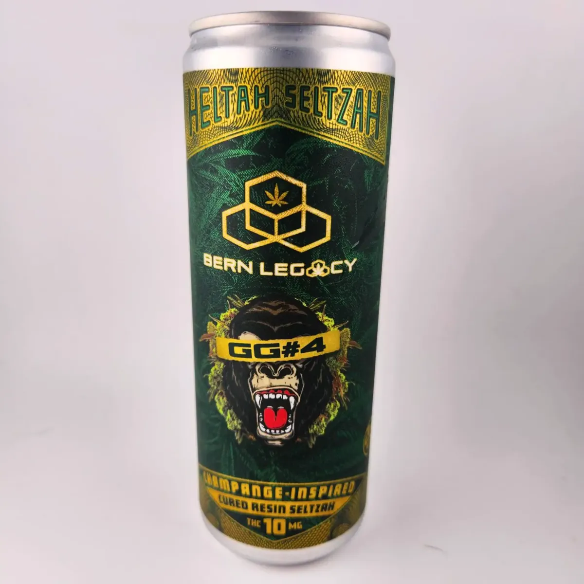 Heltah Seltzah Bern Legacy GG#4 cannabis beverage, champagne-inspired cured resin seltzer with 10mg THC, packaged in a tall green can featuring a roaring gorilla design.
