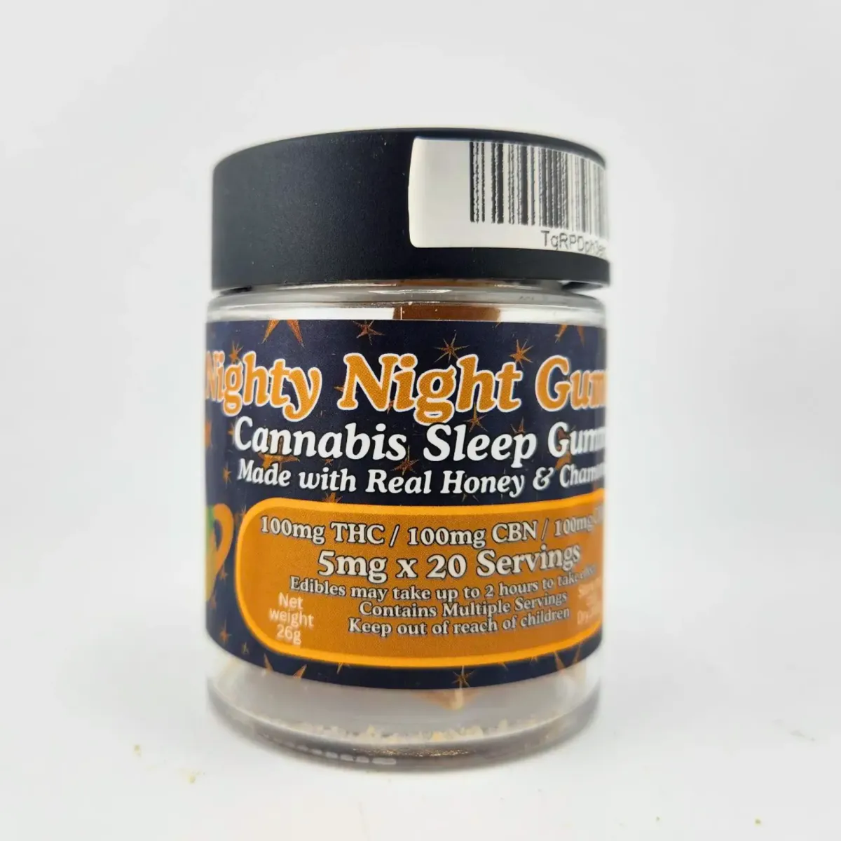 Mighty Night Gummies cannabis sleep edibles, infused with 100mg THC, 100mg CBN, honey, and chamomile, 5mg per gummy, packaged in a clear jar with black lid.