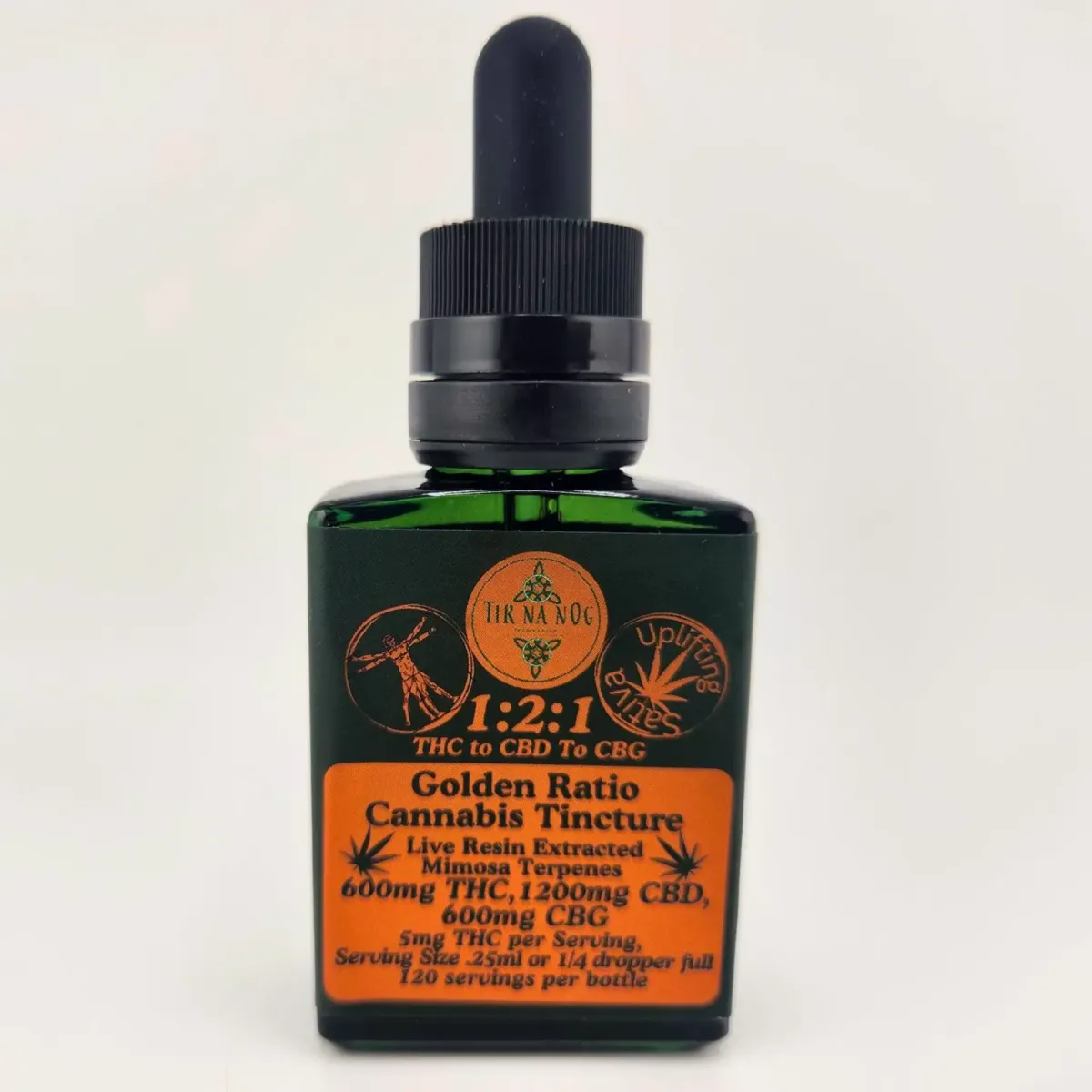 Tir Na Nog Golden Ratio cannabis tincture in green glass bottle, 1:2:1 THC to CBD to CBG ratio, live resin extracted with mimosa terpenes, 600mg THC, 1200mg CBD, 600mg CBG, dropper cap.