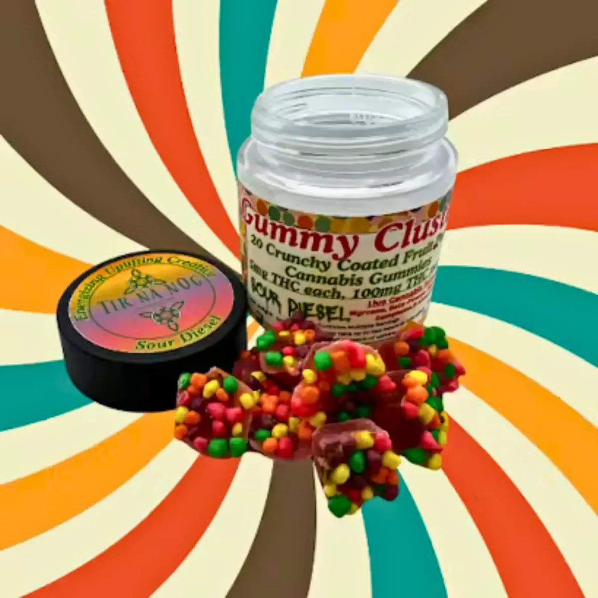 Tir Na Nog Sour Diesel Gummy Clusters, crunchy coated fruit cannabis gummies, 100mg THC per jar, colorful candy-style edibles in glass jar with branded lid.