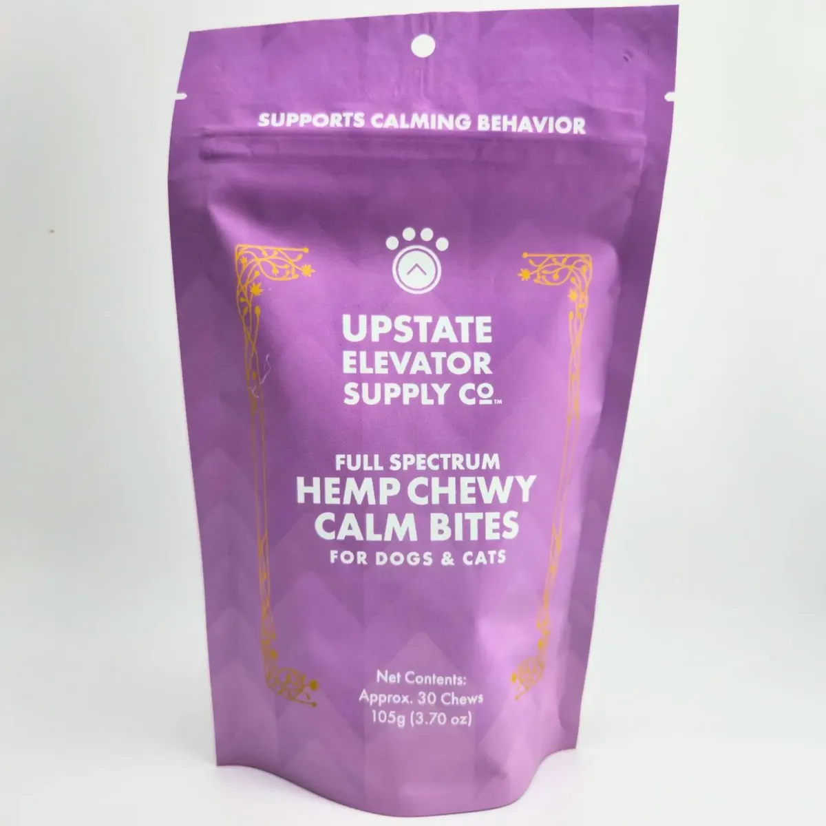 Upstate Elevator Supply Co. Full Spectrum Hemp Chewy Calm Bites for dogs and cats, purple resealable bag with approx. 30 chews, pet CBD calming treats.