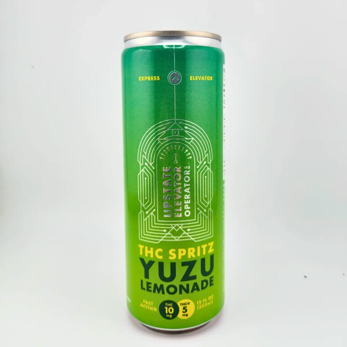 Upstate Elevator Operator THC Spritz Yuzu Lemonade, cannabis-infused sparkling drink with 10mg THC and 5mg THCV, packaged in a tall green can.