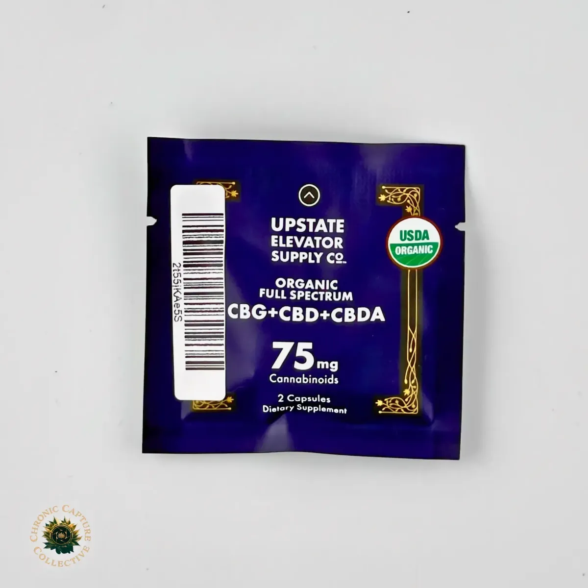Upstate Elevator Supply Co. Organic Full Spectrum CBG+CBD+CBDA Capsules, 75mg cannabinoids, USDA Organic, 2-count sample pack in dark blue packaging.