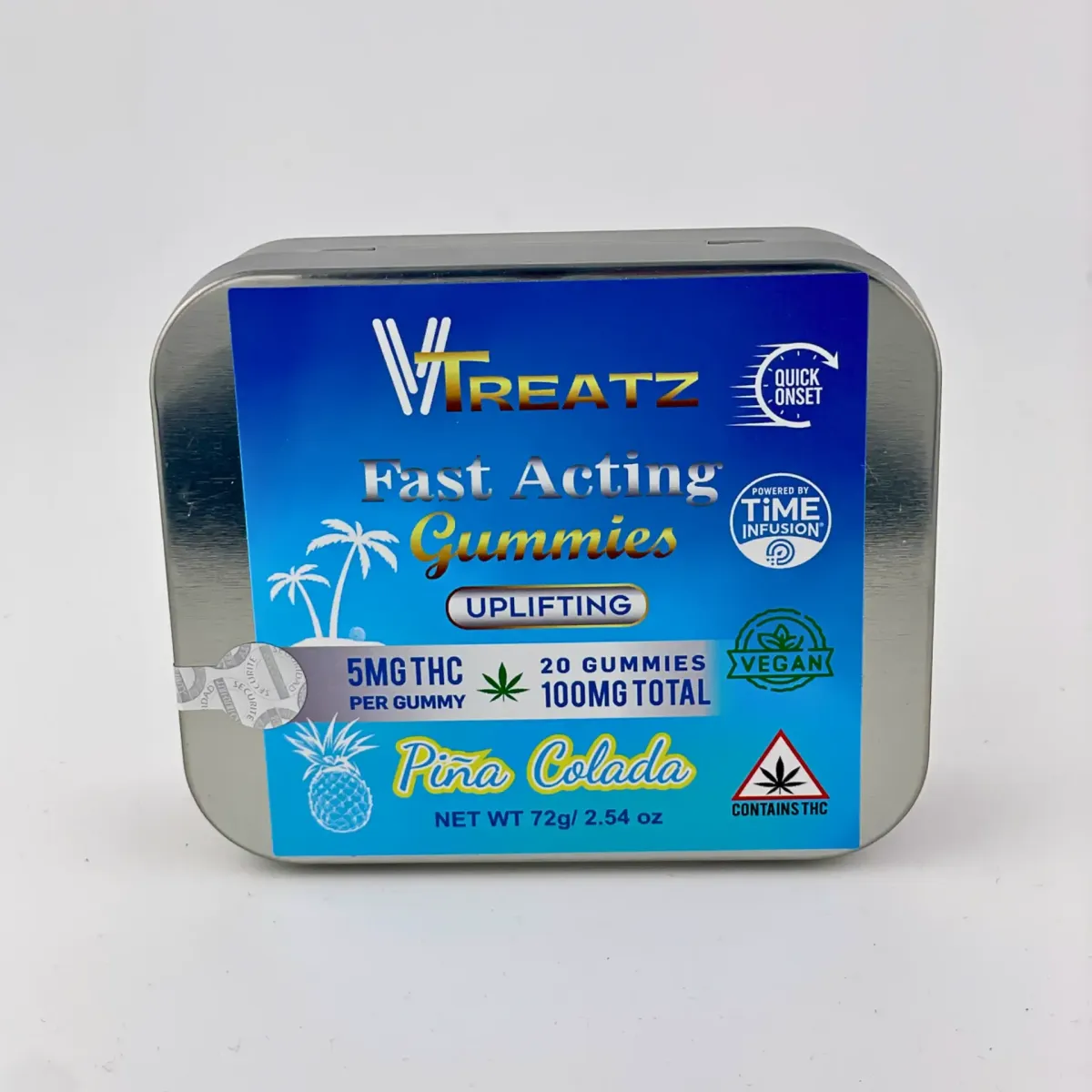 VTreatz Fast Acting Cannabis Gummies “Pina Colada,” uplifting effect, 5mg THC per gummy, 20 gummies per tin, 100mg THC total, vegan, quick onset, powered by Time Infusion.
