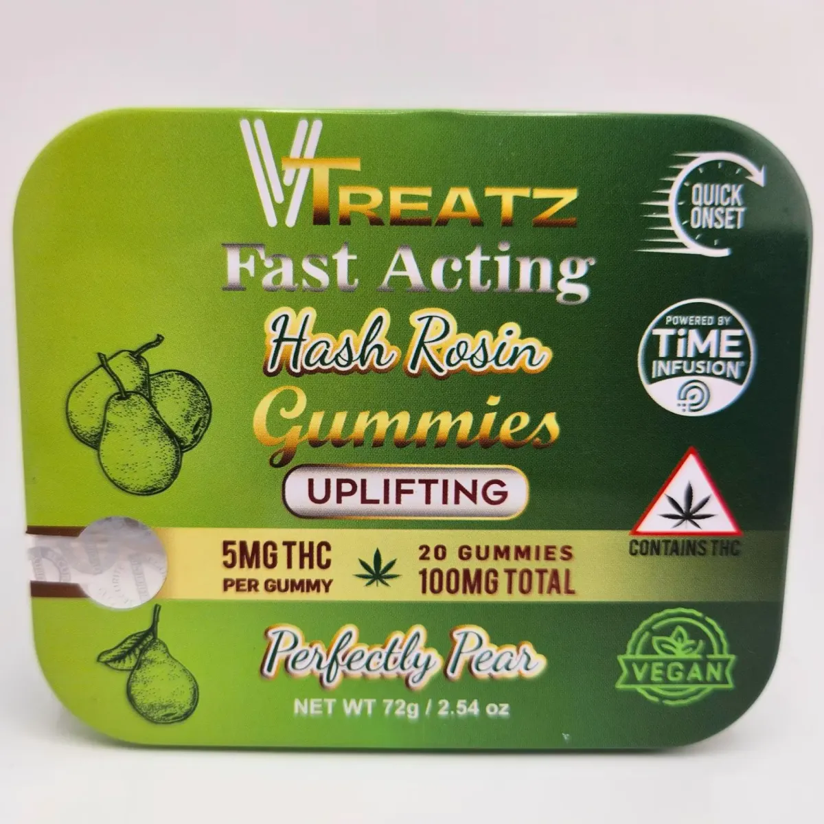 VTreatz Fast Acting Hash Rosin Gummies “Perfectly Pear,” uplifting cannabis edibles, 5mg THC per gummy, 20 gummies per tin, 100mg THC total, vegan, quick onset, powered by Time Infusion.