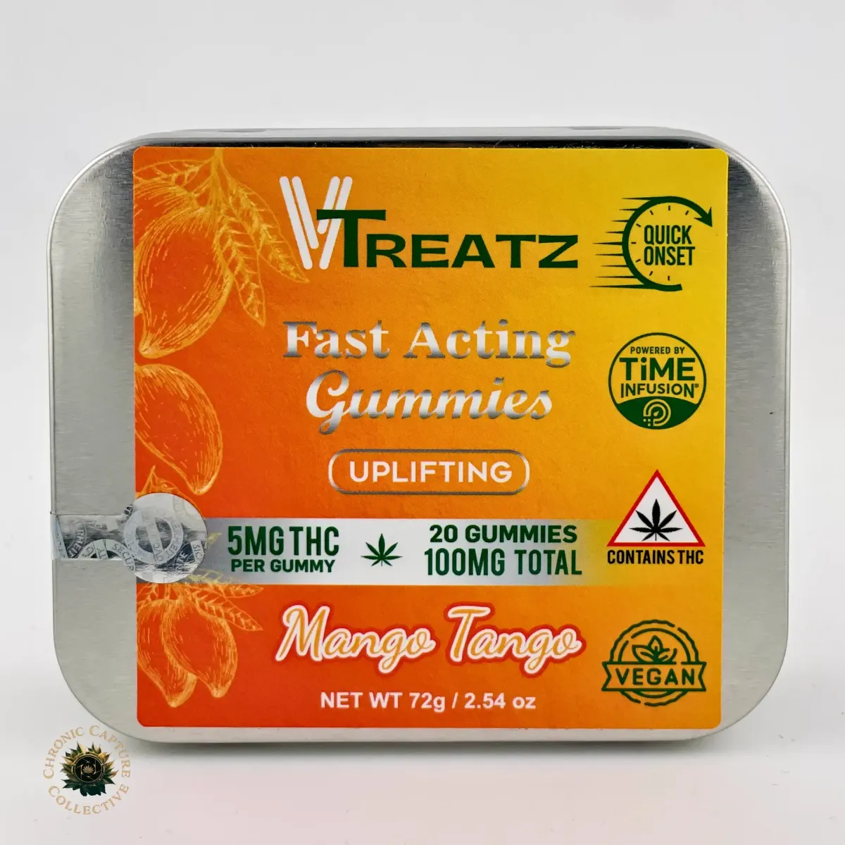VTreatz Fast Acting Gummies “Mango Tango,” uplifting cannabis edibles, 5mg THC per gummy, 20 gummies per tin, 100mg THC total, vegan, quick onset, powered by Time Infusion.